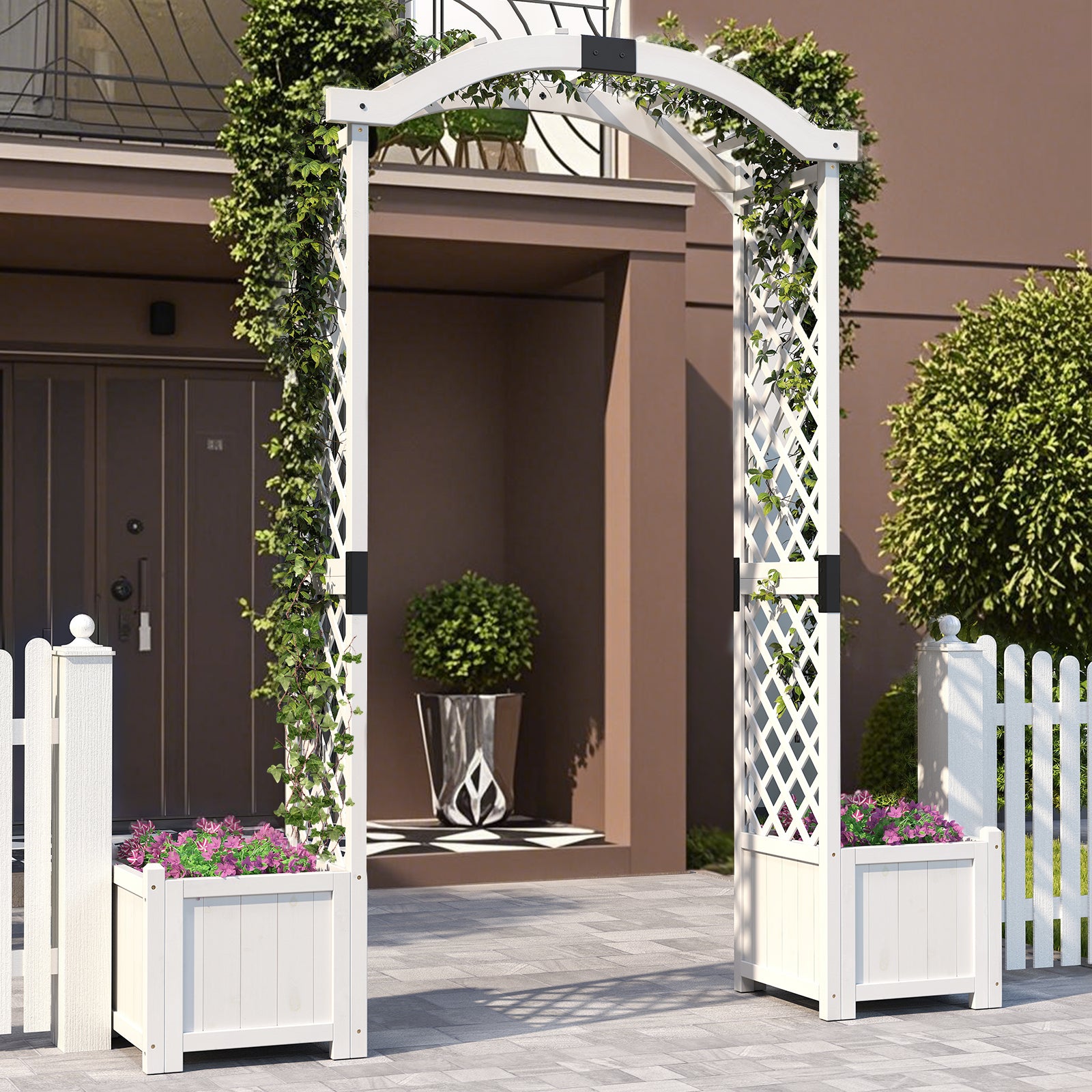 Wooden Garden Arbor with Planter and Trellis for Climbing Plants Decorations-White
