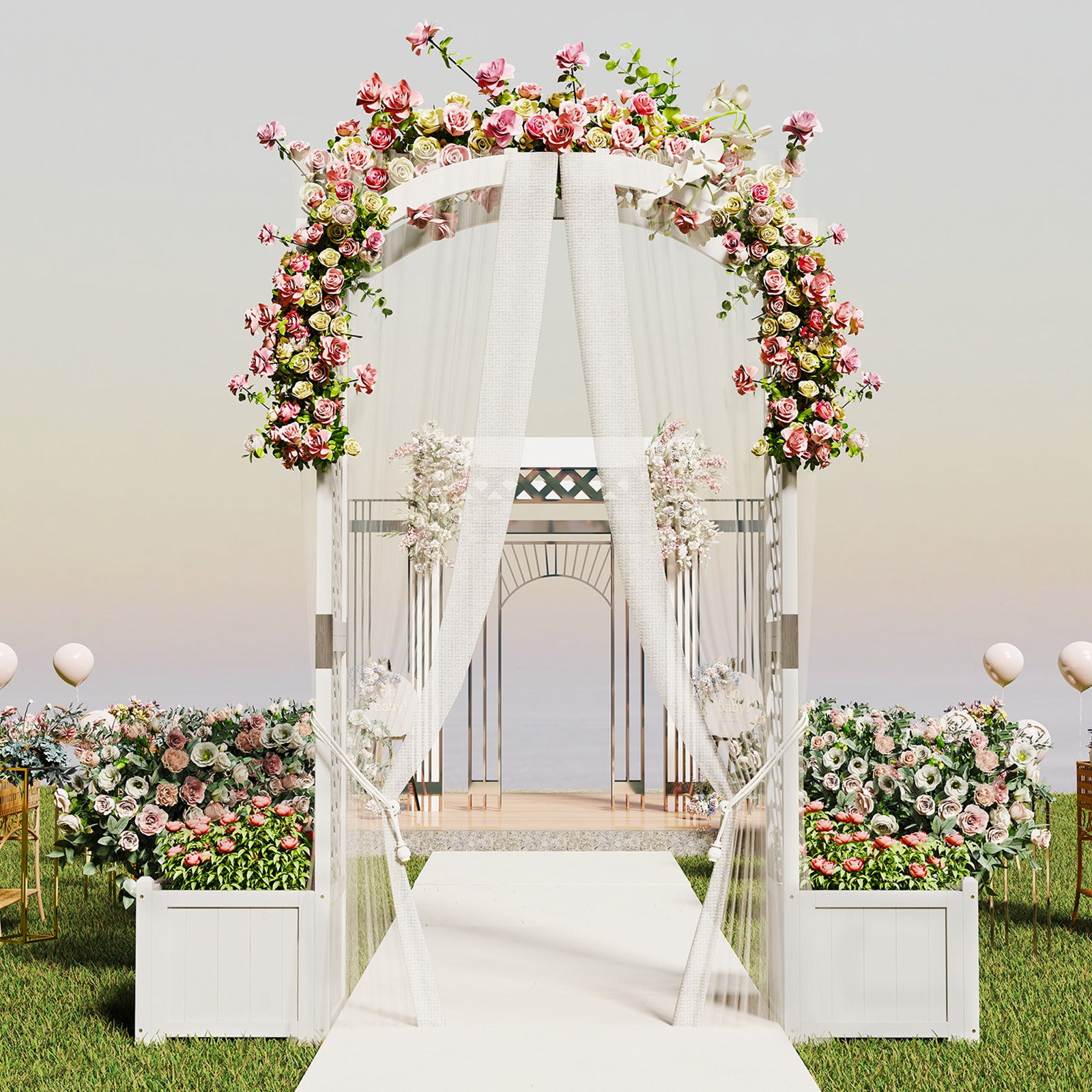 Wooden Garden Arbor with Planter and Trellis for Climbing Plants Decorations-White