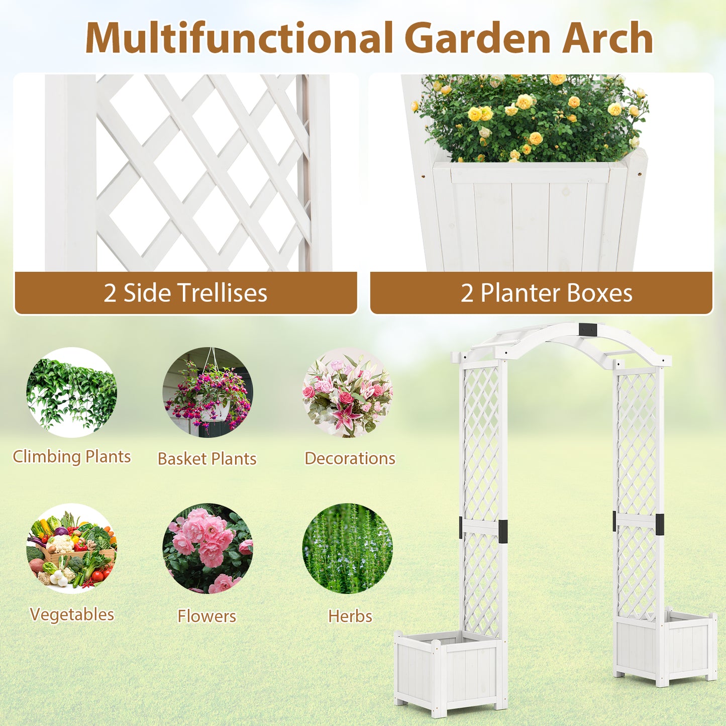 Wooden Garden Arbor with Planter and Trellis for Climbing Plants Decorations-White