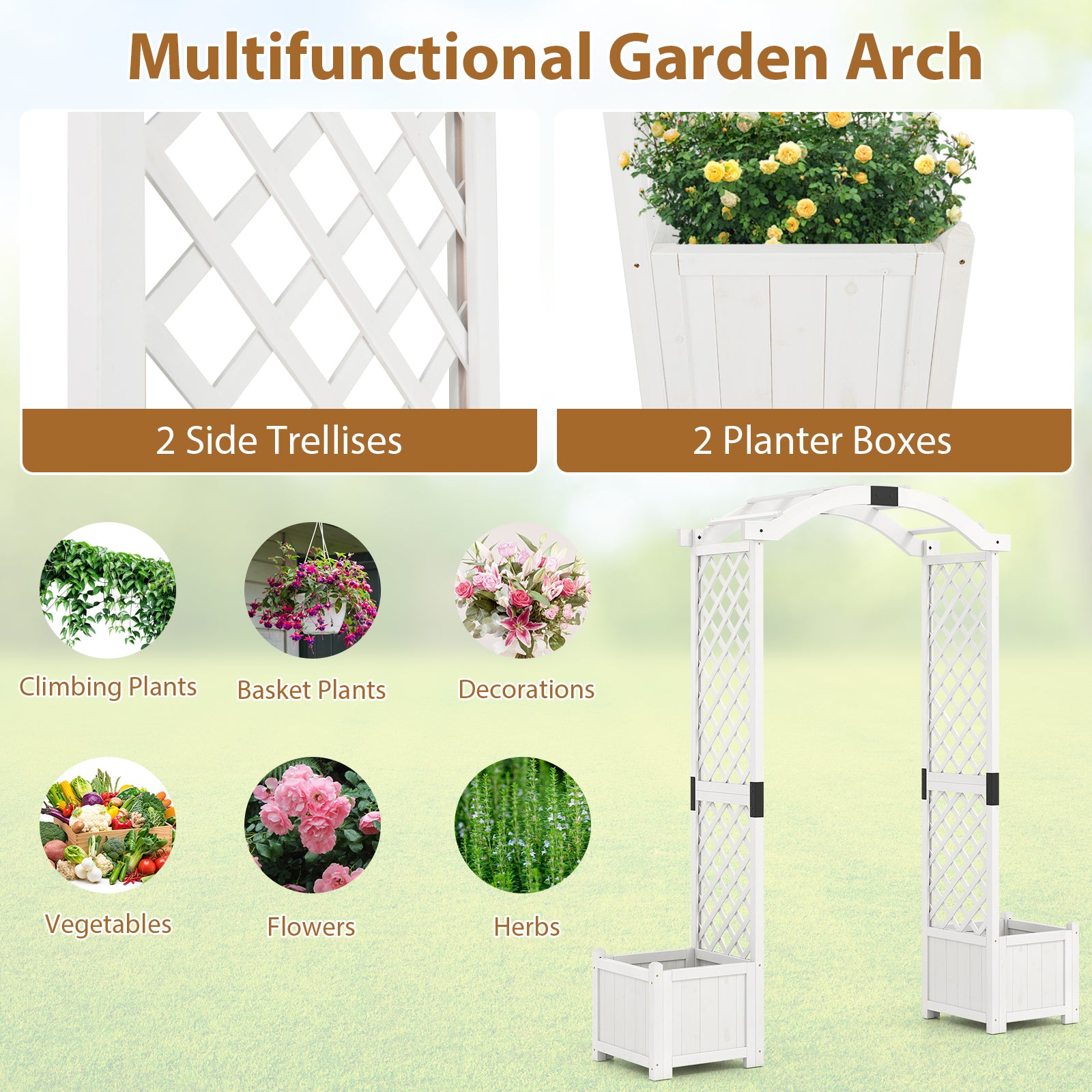 Wooden Garden Arbor with Planter and Trellis for Climbing Plants Decorations-White