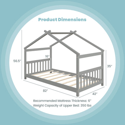 Twin Size Wooden House Bed with Roof