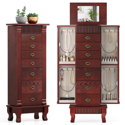 Wooden Jewelry Armoire Cabinet Storage Chest with Drawers and Swing Doors-Brown