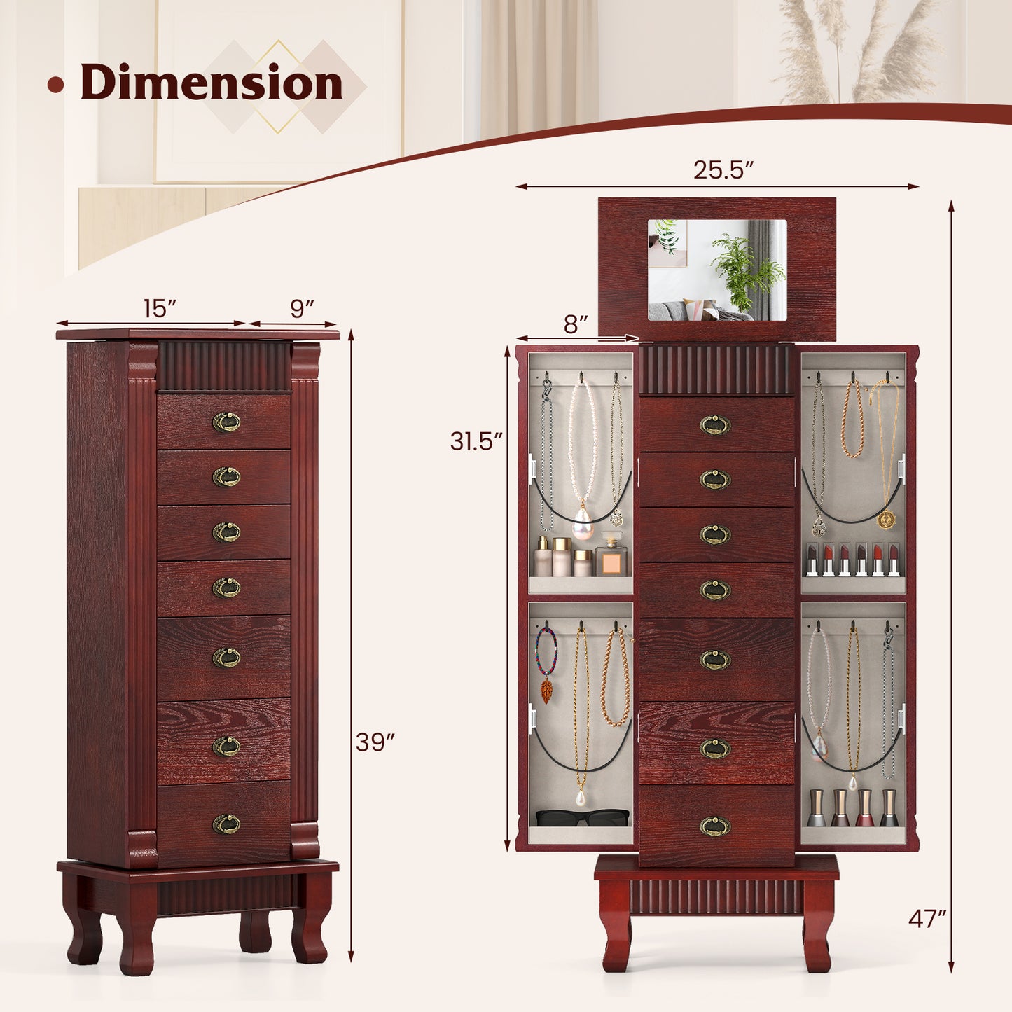 Wooden Jewelry Armoire Cabinet Storage Chest with Drawers and Swing Doors-Brown