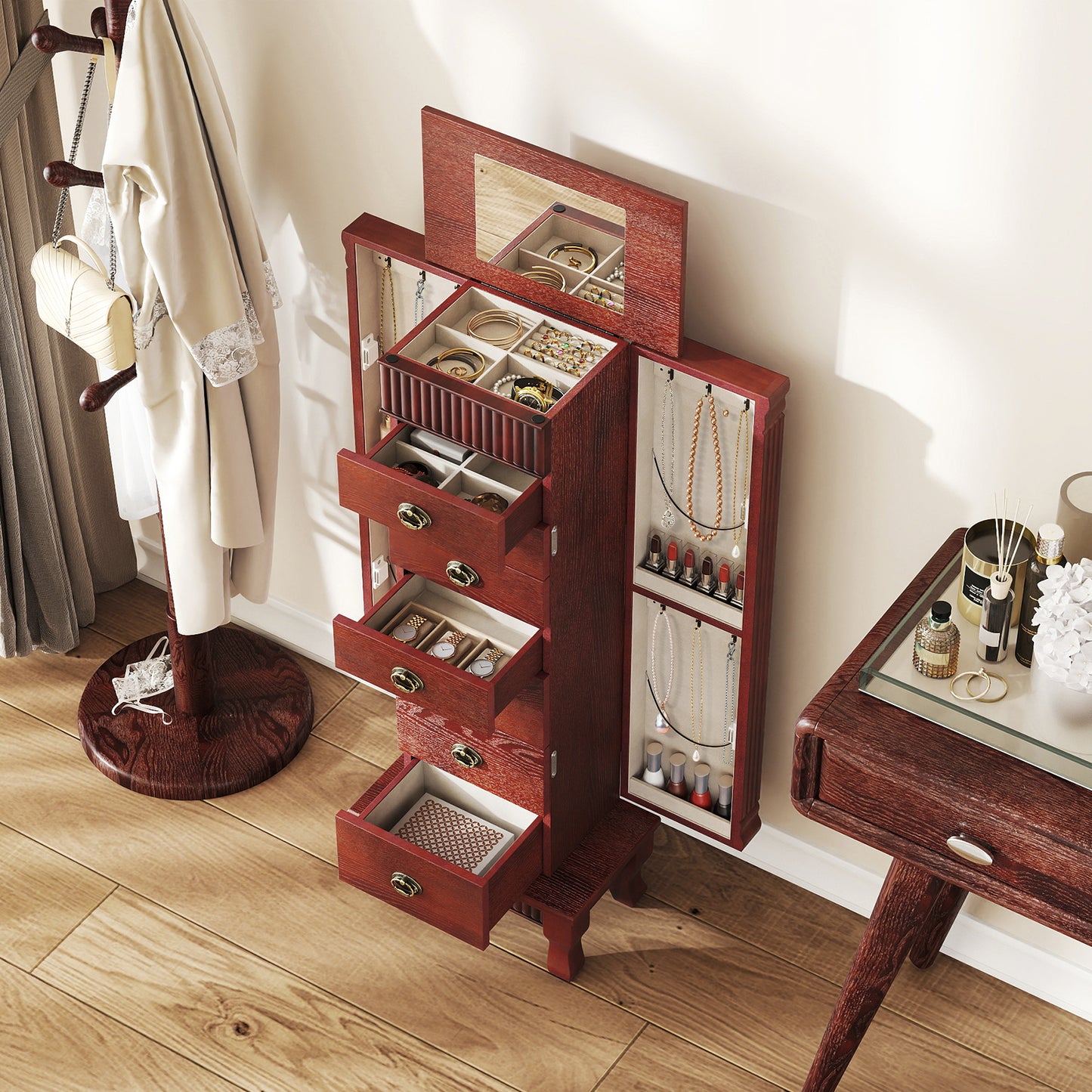 Wooden Jewelry Armoire Cabinet Storage Chest with Drawers and Swing Doors-Brown