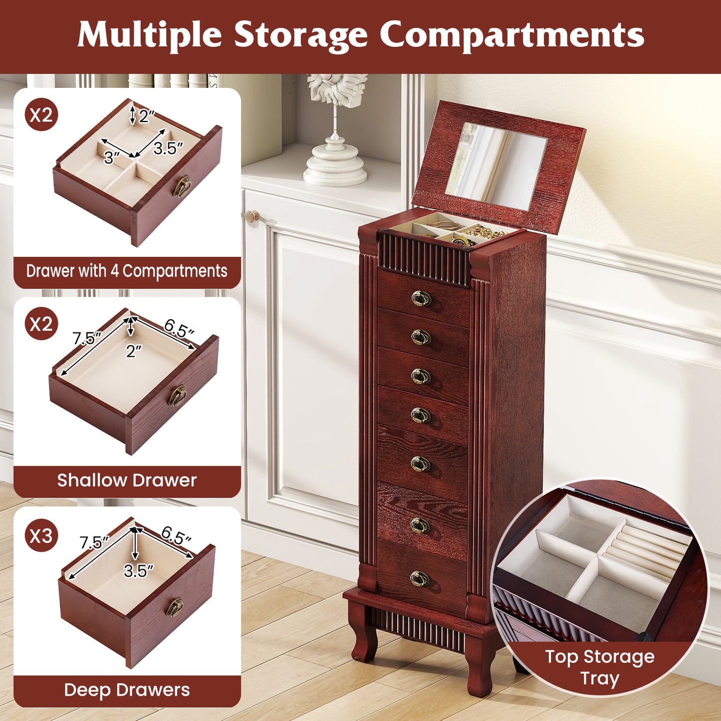 Wooden Jewelry Armoire Cabinet Storage Chest with Drawers and Swing Doors-Brown