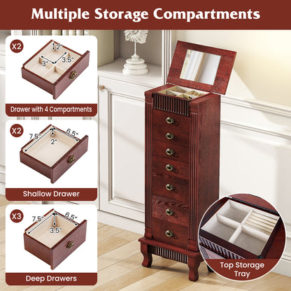 Wooden Jewelry Armoire Cabinet Storage Chest with Drawers and Swing Doors-Brown