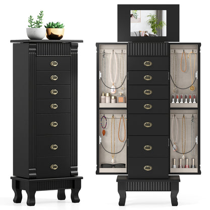 Wooden Jewelry Armoire Cabinet Storage Chest with Drawers and Swing Doors-Black