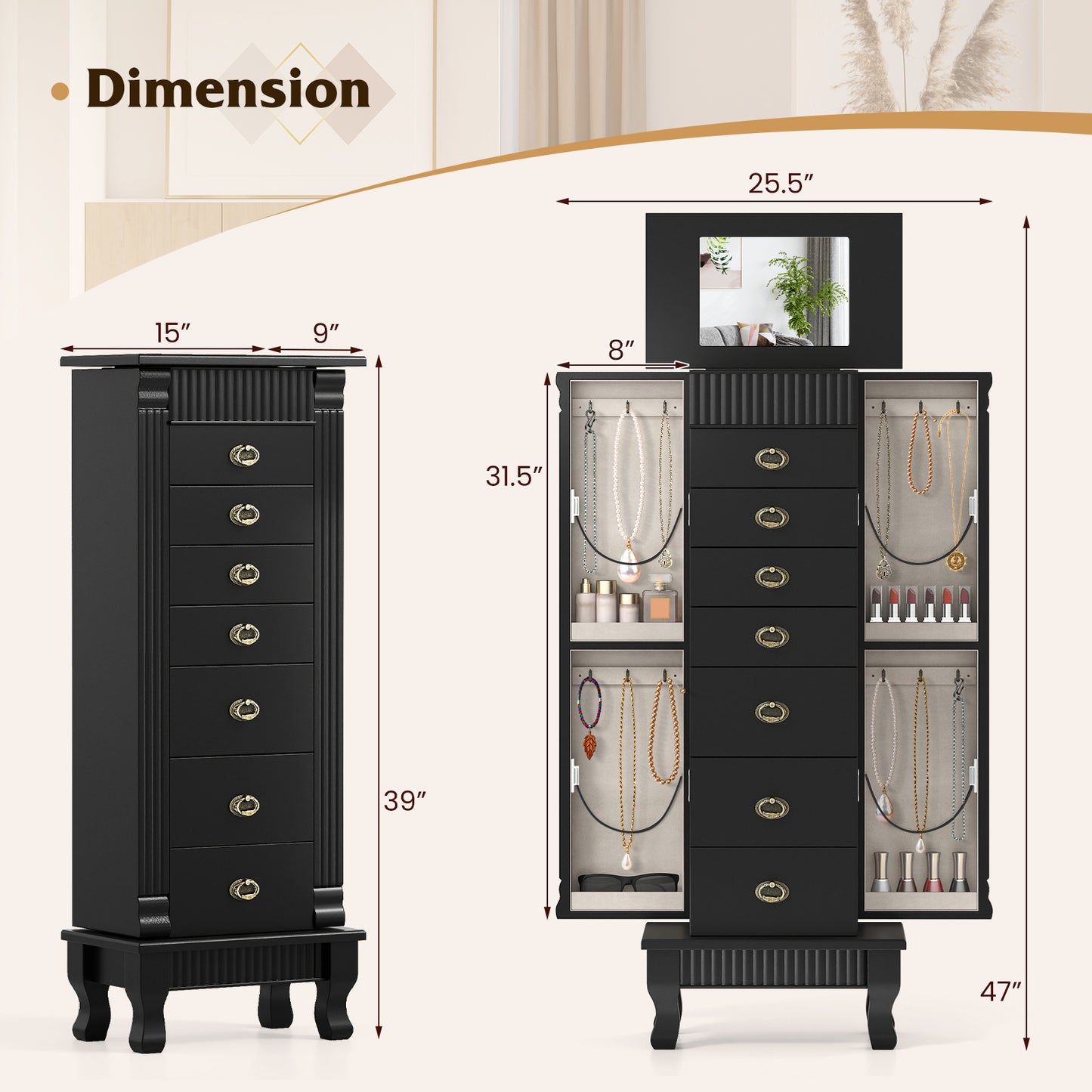 Wooden Jewelry Armoire Cabinet Storage Chest with Drawers and Swing Doors-Black
