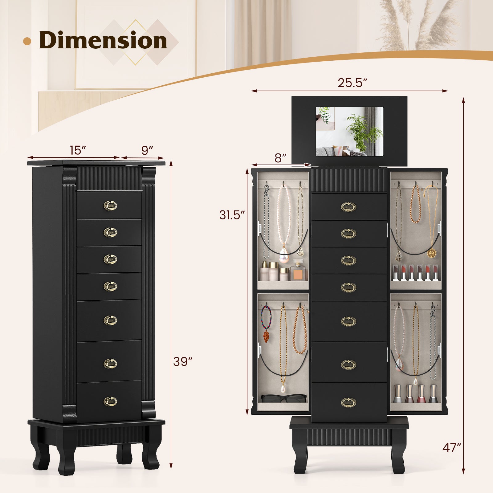 Wooden Jewelry Armoire Cabinet Storage Chest with Drawers and Swing Doors-Black