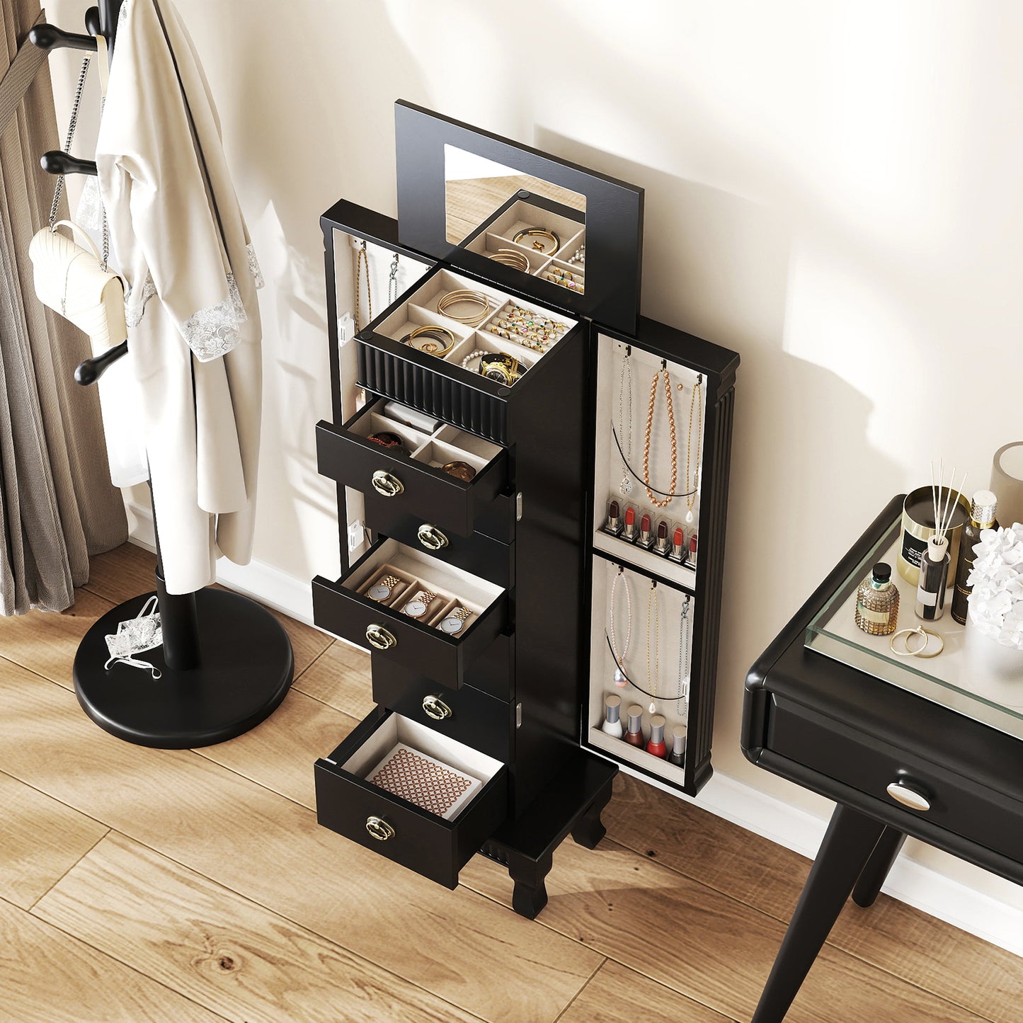 Wooden Jewelry Armoire Cabinet Storage Chest with Drawers and Swing Doors-Black