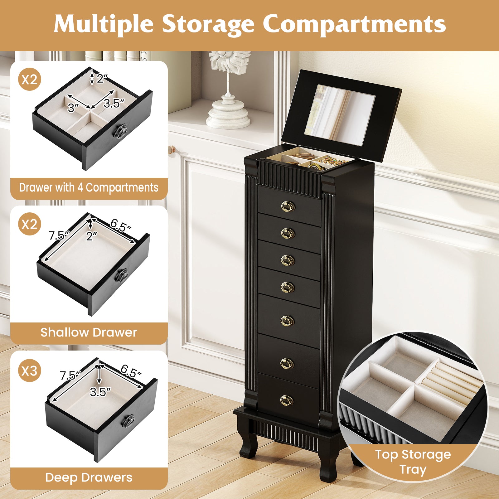 Wooden Jewelry Armoire Cabinet Storage Chest with Drawers and Swing Doors-Black