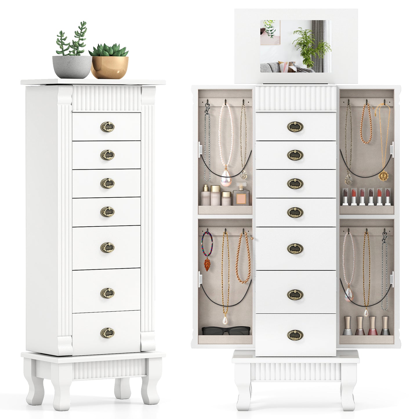Wooden Jewelry Armoire Cabinet Storage Chest with Drawers and Swing Doors-White