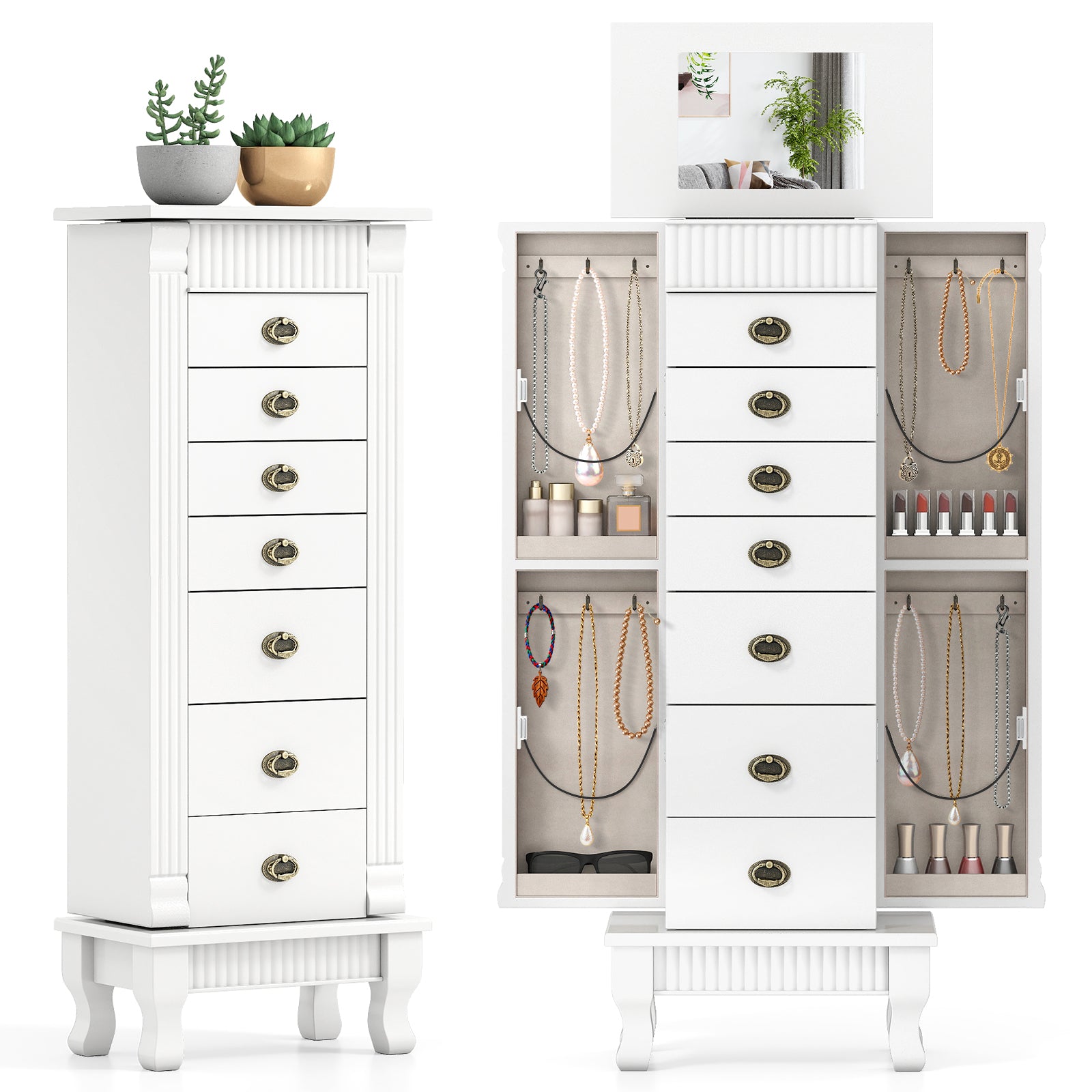 Wooden Jewelry Armoire Cabinet Storage Chest with Drawers and Swing Doors-White