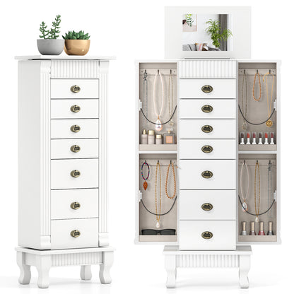 Wooden Jewelry Armoire Cabinet Storage Chest with Drawers and Swing Doors-White