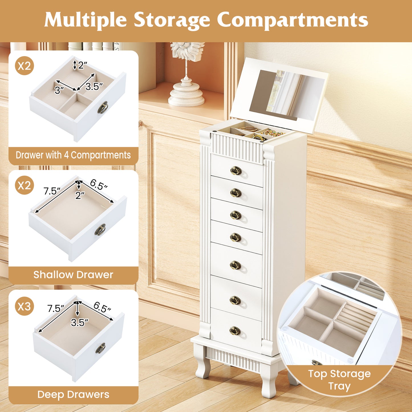 Wooden Jewelry Armoire Cabinet Storage Chest with Drawers and Swing Doors-White