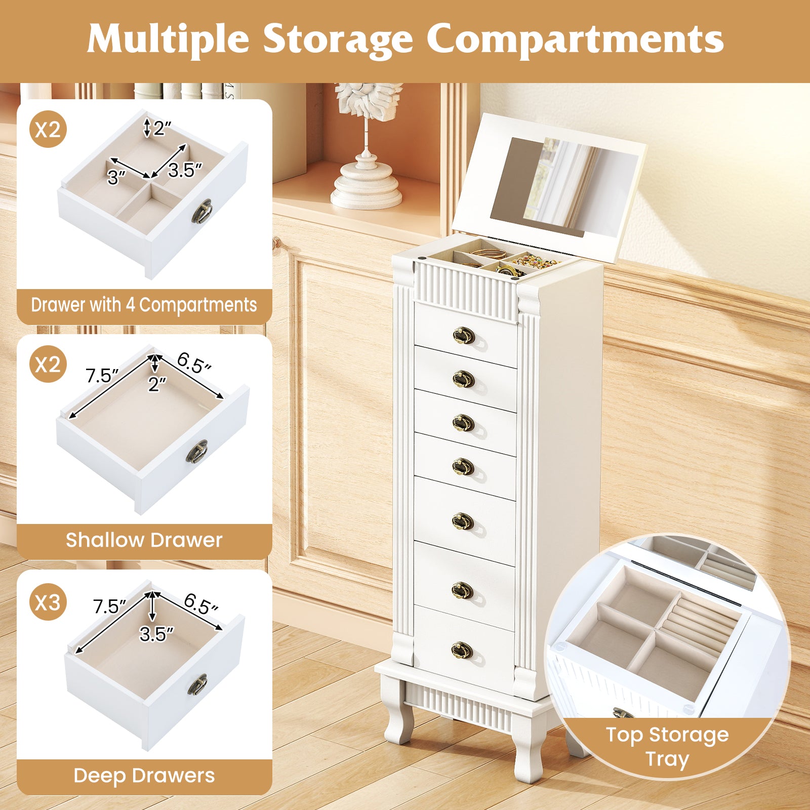 Wooden Jewelry Armoire Cabinet Storage Chest with Drawers and Swing Doors-White