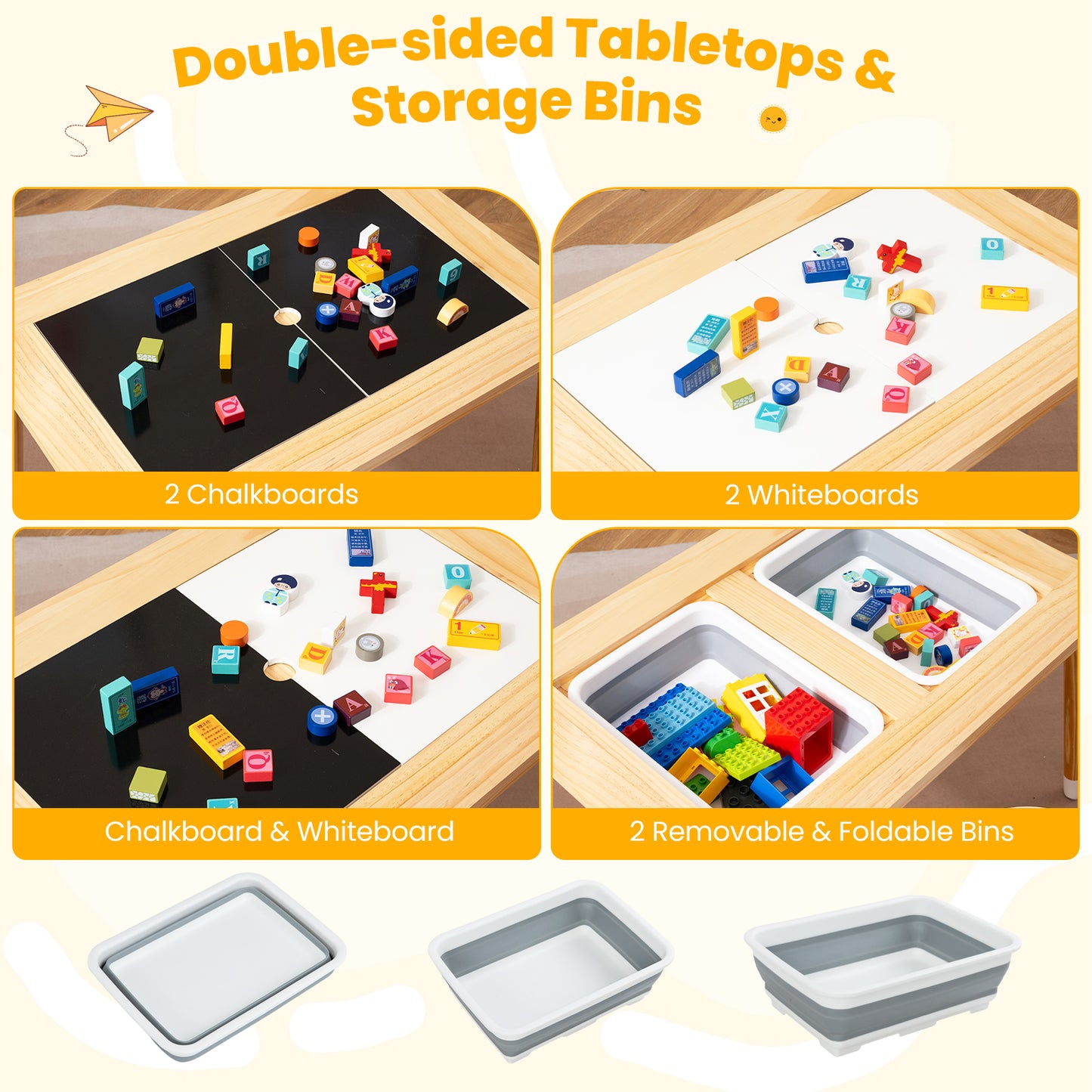 Wooden Kids Activity Table Set with Double-Sided Boards-Natural