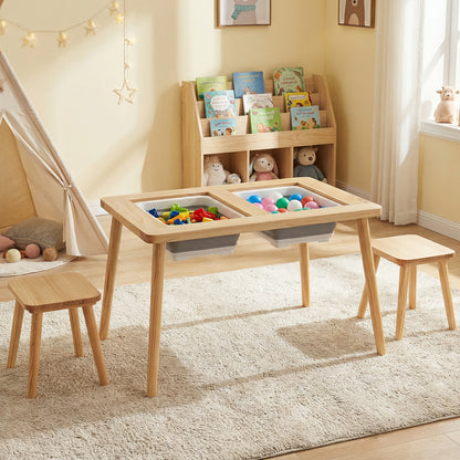 Wooden Kids Activity Table Set with 2 Foldable Storage Bins-Natural