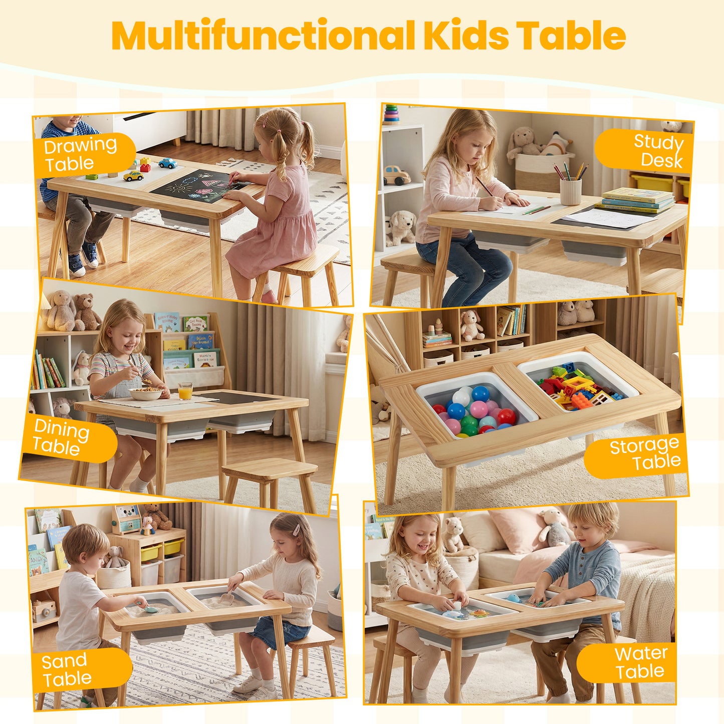 Wooden Kids Activity Table Set with 2 Foldable Storage Bins-Natural