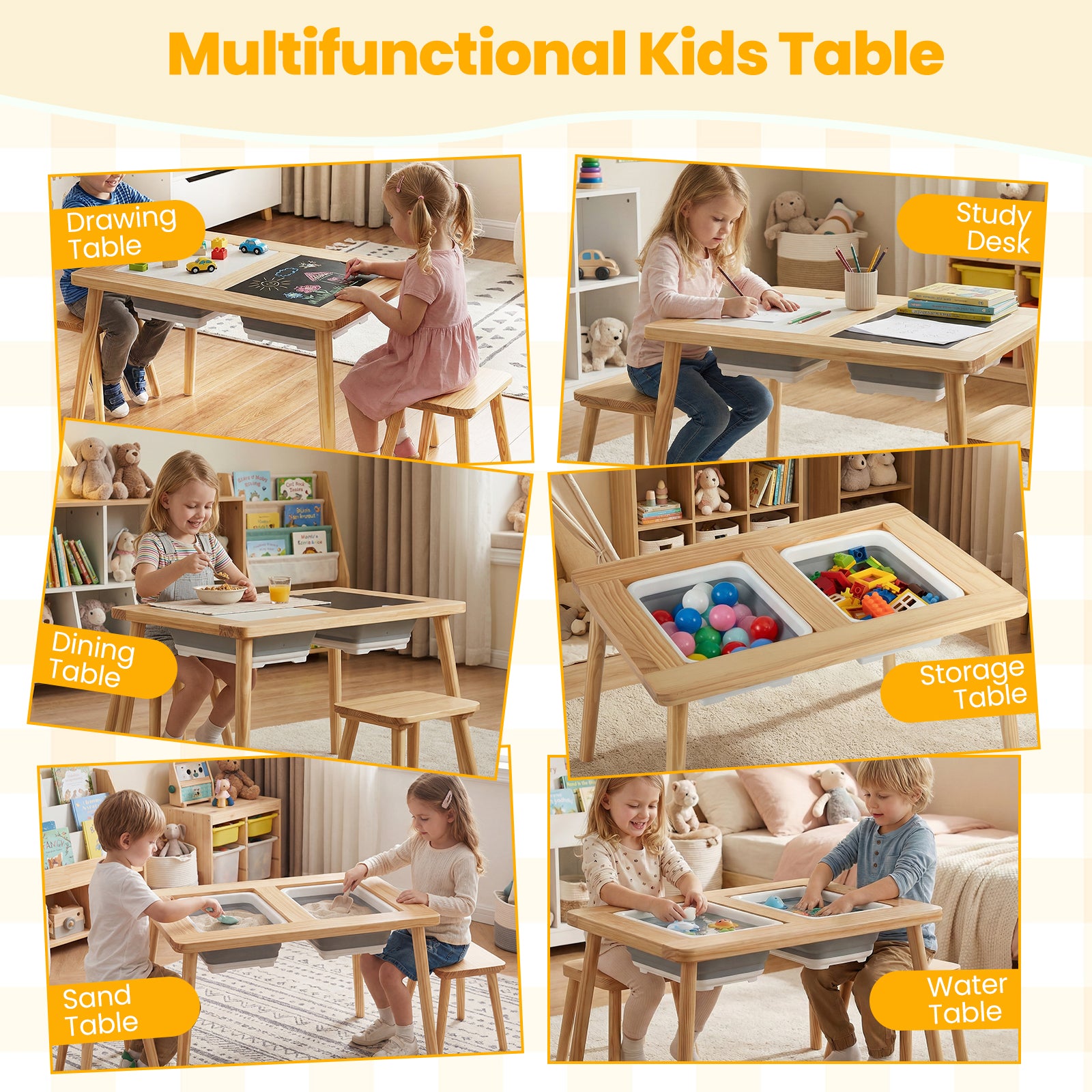 Wooden Kids Activity Table Set with 2 Foldable Storage Bins-Natural