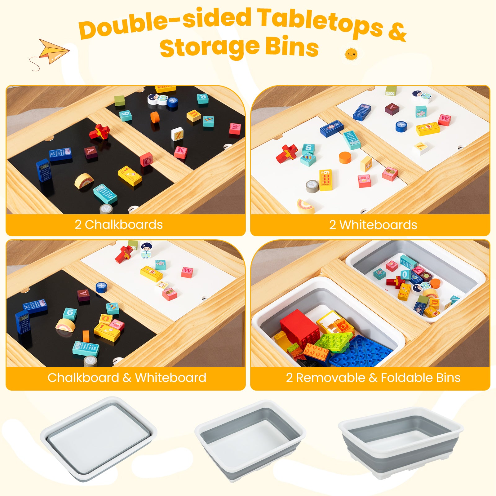 Wooden Kids Activity Table Set with 2 Foldable Storage Bins-Natural