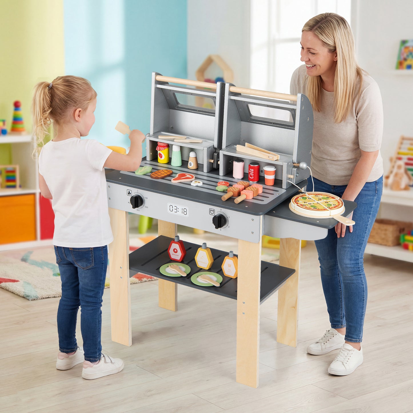 Wooden Kids Barbecue Grill Playset Kids Toy Grill with Abundant Grilling Tools and Play Foods
