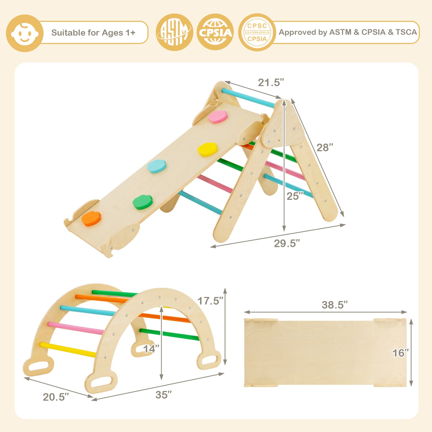 5-in-1 Wooden Kids Climber Toys with Triangle Arch Ramp