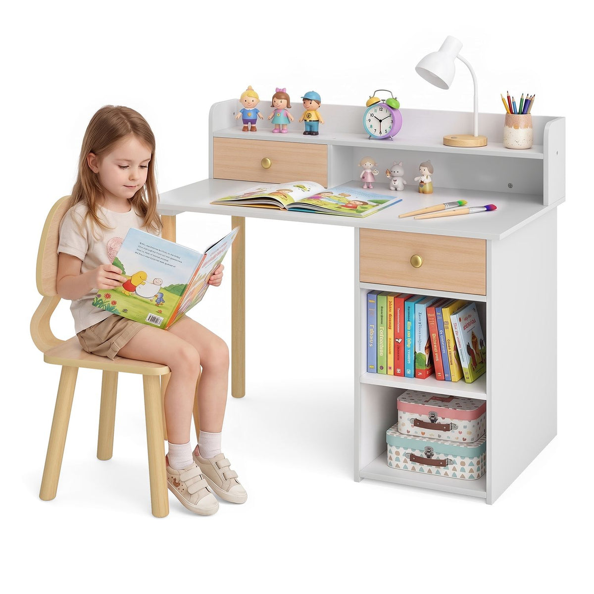 Wooden Kids Desk and Chair Set with Hutch and Drawer for Bedroom
