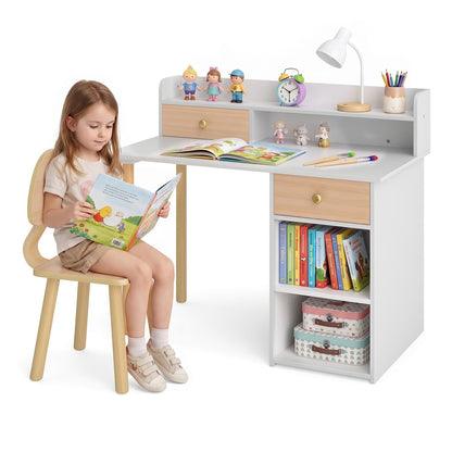 Wooden Kids Desk and Chair Set with Hutch and Drawer for Bedroom