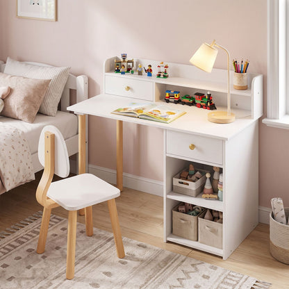 Wooden Kids Desk and Chair Set with Hutch and Drawer for Bedroom