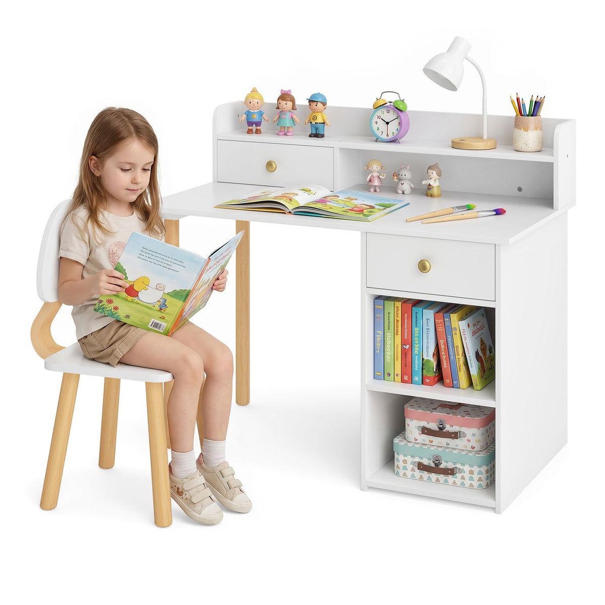 Wooden Kids Desk and Chair Set with Hutch and Drawer for Bedroom