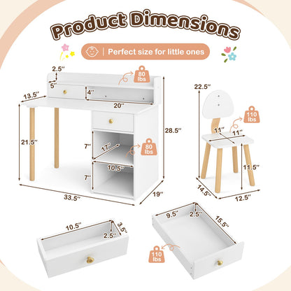 Wooden Kids Desk and Chair Set with Hutch and Drawer for Bedroom