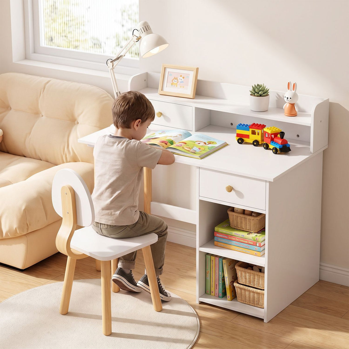 Wooden Kids Desk and Chair Set with Hutch and Drawer for Bedroom
