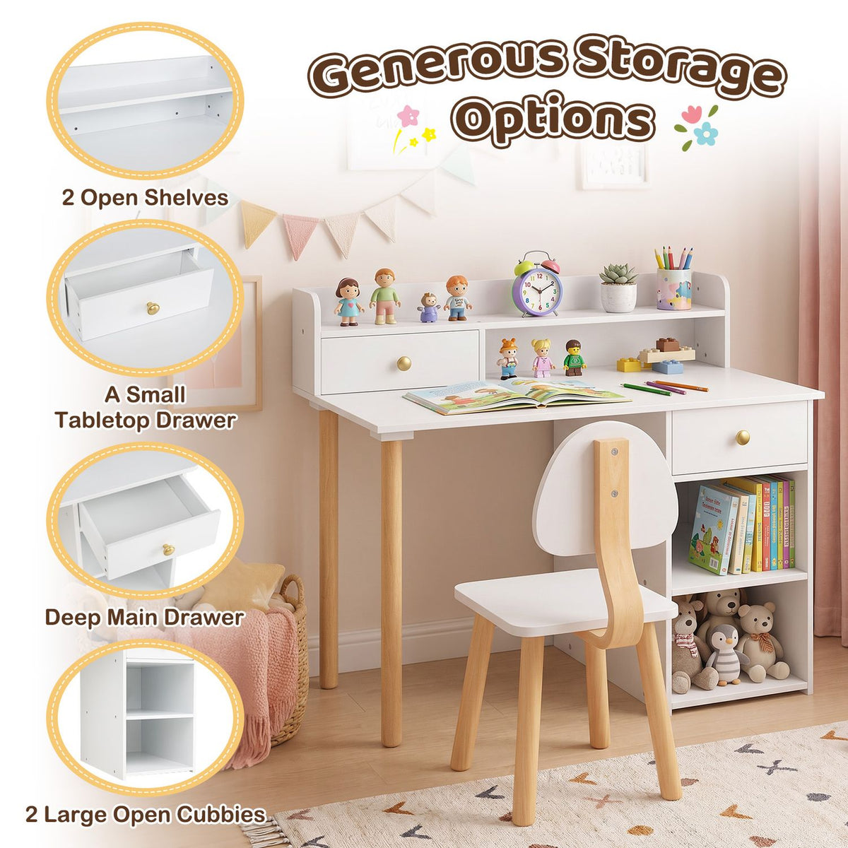 Wooden Kids Desk and Chair Set with Hutch and Drawer for Bedroom