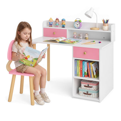 Wooden Kids Desk and Chair Set with Hutch and Drawer for Bedroom