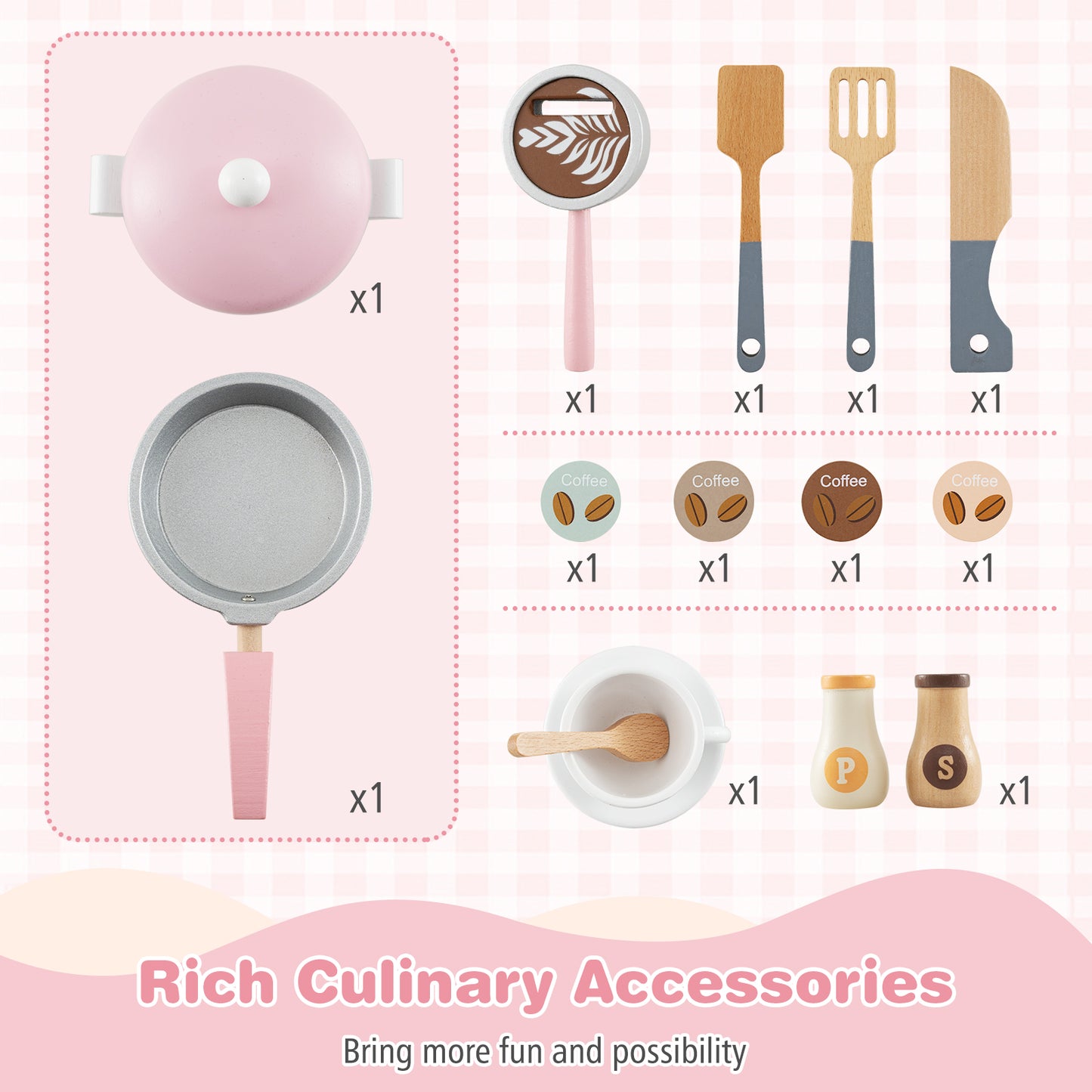 Wooden Kids Kitchen Playset with Coffee Maker for kids-Pink