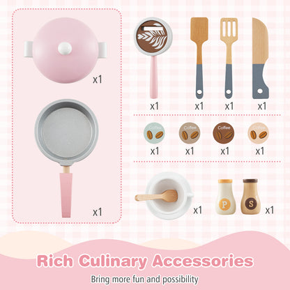 Wooden Kids Kitchen Playset with Coffee Maker for kids-Pink