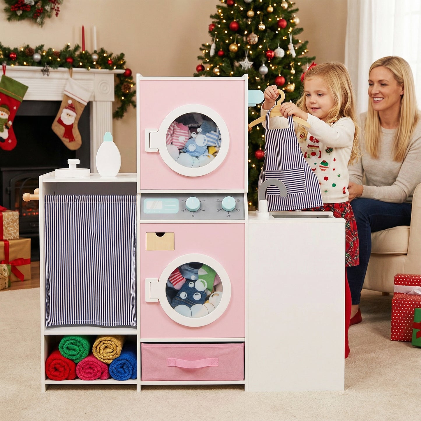 Wooden Kids Laundry Playset with Laundry Detergent Bottle and Clothes Hangers-Pink