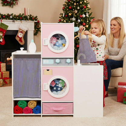 Wooden Kids Laundry Playset with Laundry Detergent Bottle and Clothes Hangers-Pink