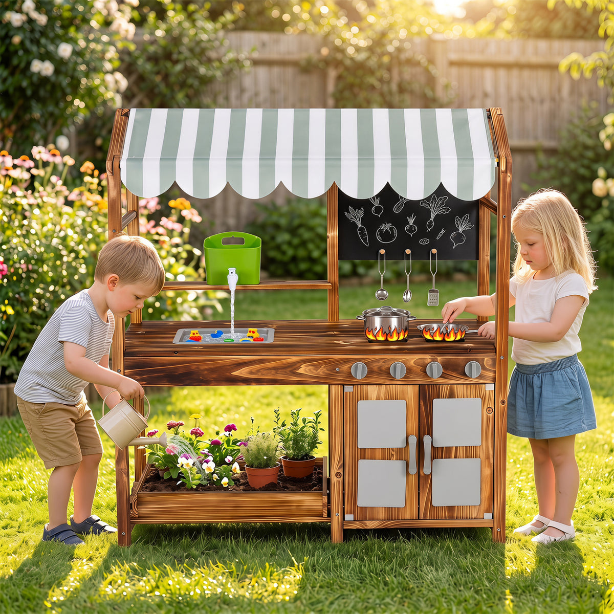 Wooden Mud Kitchen with 8 Accessories & Chalkboard for Kids 3+