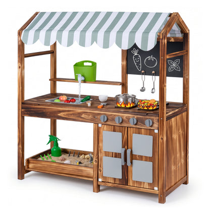 Wooden Mud Kitchen with 8 Accessories & Chalkboard for Kids 3+