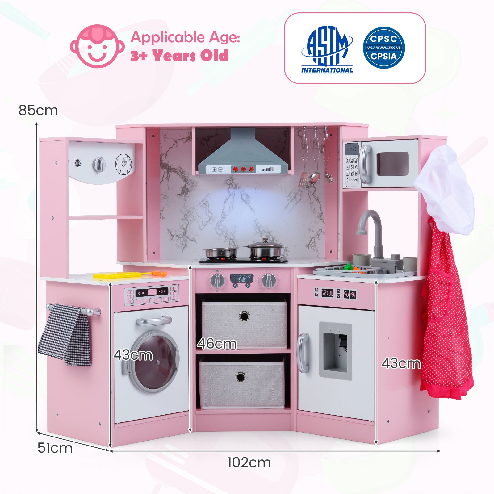 Wooden Kids Play Kitchen Playset with Realistic Lights and Sounds-Pink - Pink