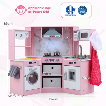 Wooden Kids Play Kitchen Playset with Realistic Lights and Sounds-Pink - Pink