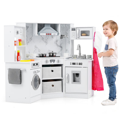 Wooden Kids Play Kitchen Playset with Realistic Lights and Sounds-Pink - White