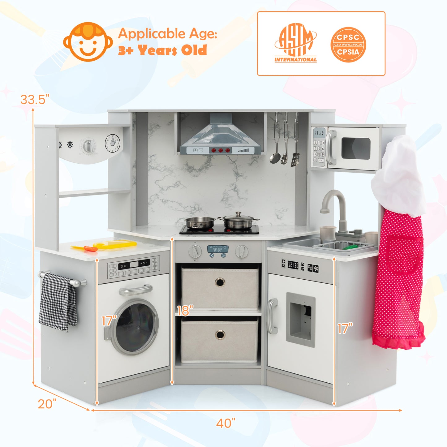 Wooden Kids Play Kitchen Playset with Realistic Lights and Sounds-Pink - Gray