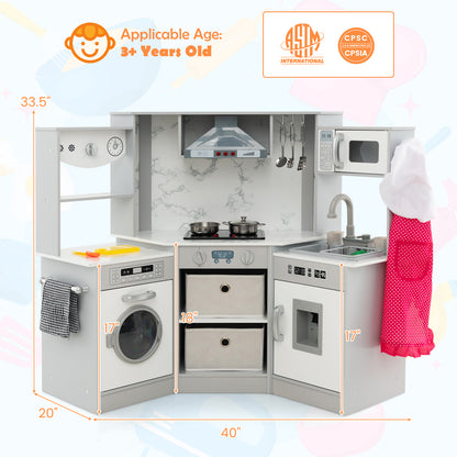 Wooden Kids Play Kitchen Playset with Realistic Lights and Sounds-Pink - Gray