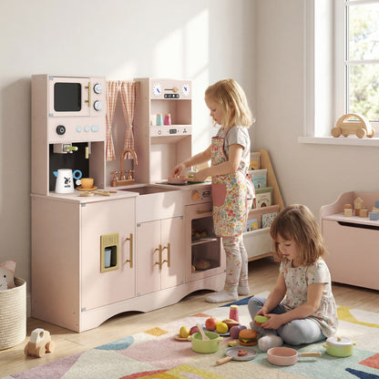 Wooden Play Kitchen Set with Microwave and Coffee Maker