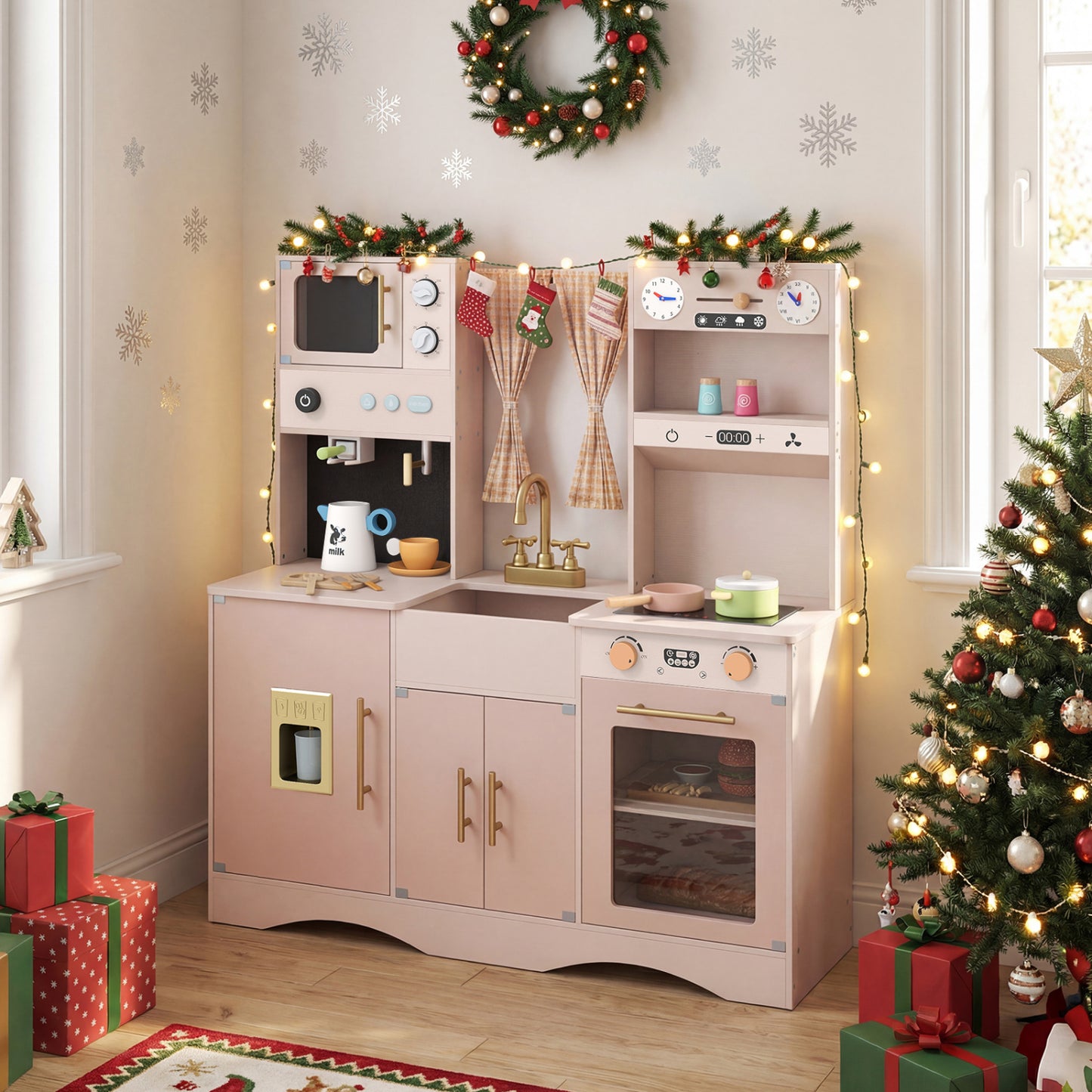Wooden Play Kitchen Set with Microwave and Coffee Maker