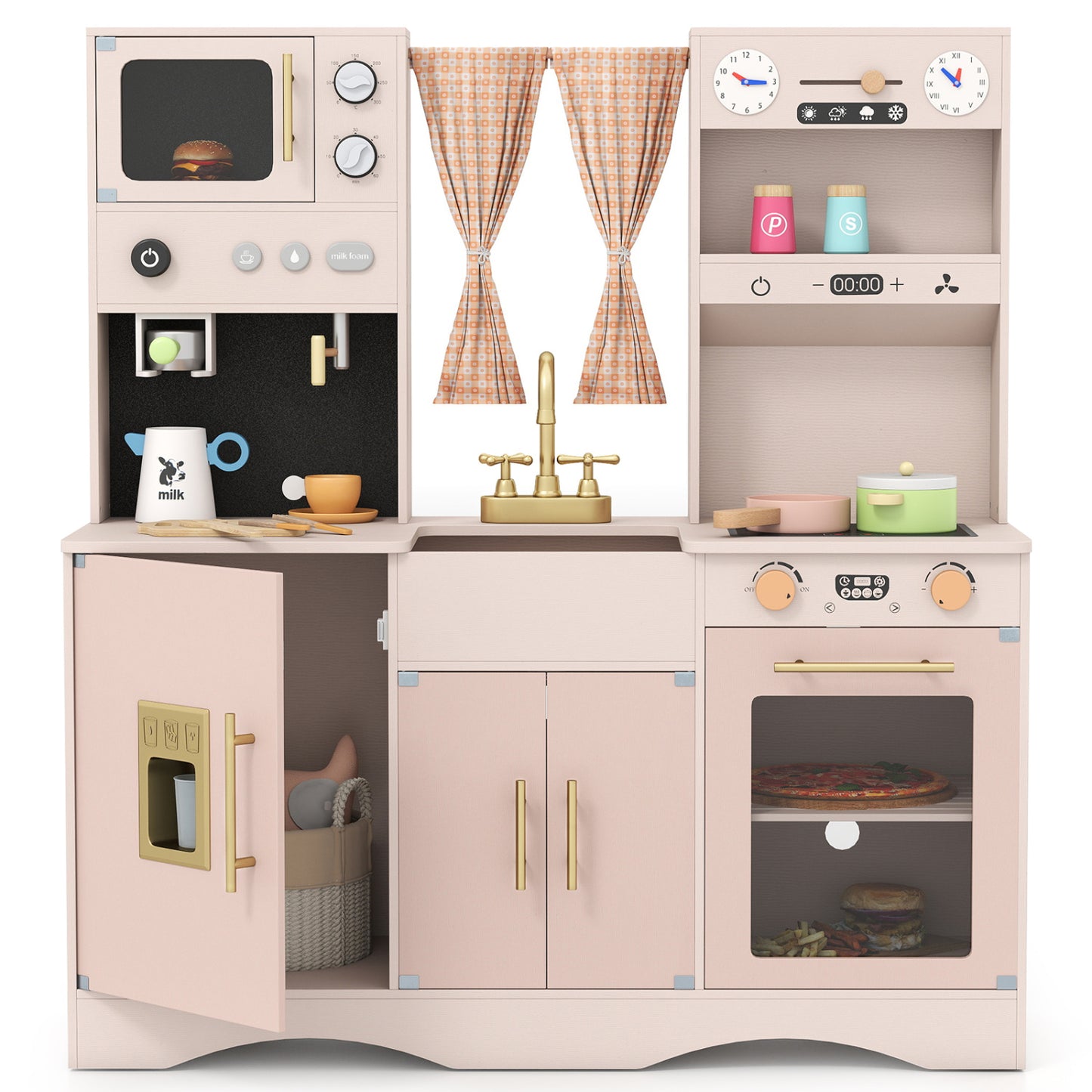 Wooden Play Kitchen Set with Microwave and Coffee Maker