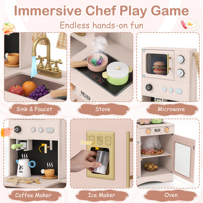 Wooden Play Kitchen Set with Microwave and Coffee Maker